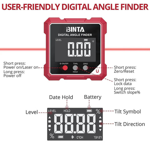 4-Side Magnetic Digital Angle Finder With Laser Helping Pros And DIYers Nail Tricky Angles With Blazing Speed featuring a digital display and control buttons.