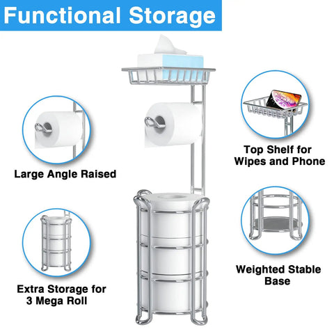 Free Standing Toilet Paper Holder With Shelf For Phone, Chrome Bathroom Storage Rack Dispenser For Four Mega Rolls, Easy Reach Toilet Paper Organizer Stand with storage features.