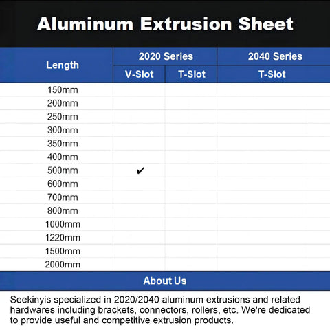 Aluminum extrusion sheet displaying various lengths like 500mm for 2020 series V-Slot and T-Slot profiles.