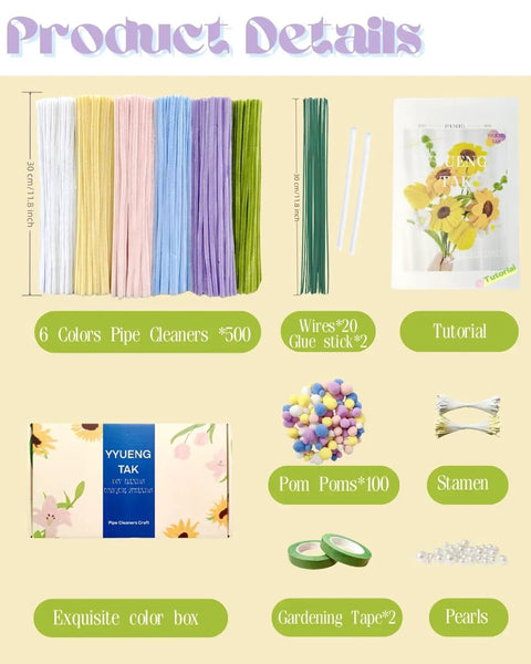 Pipe Cleaner Flower Kit with Video Tutorial 500 Pcs Craft Set showing contents including stems, wires, beads, and pom-poms.