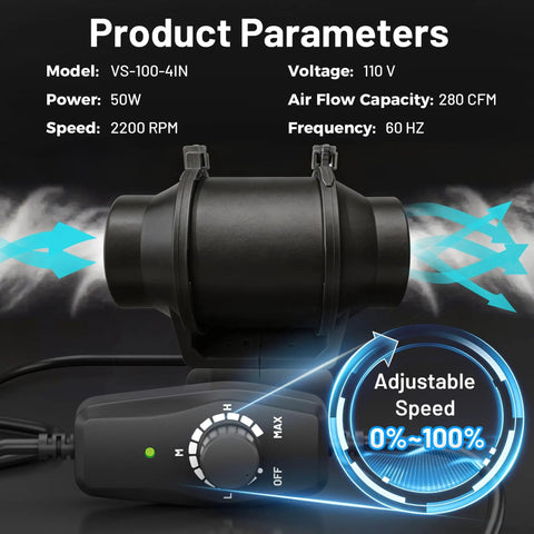 4 Inch Duct Fan With Speed Controller Inline Exhaust Fan Black, 280 CFM Airflow, 2200 RPM, Quiet 30 dB, Beast Mode Ventilation For Grow Tents, Bathrooms, Kitchens, Odor And Moisture Control, adjustable speed dial