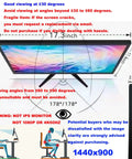 19 Inch HD Monitor With 1440 By 900 Resolution 60Hz Refresh HDMI And VGA Slim LED Display Dope For Home Office And Laptop Or Desktop Eye Comfort With Low Blue Light And Flicker Free Tech VESA 75 By 75 Mm, front and side view, 17.3-inch width, not IPS monitor, image warning text visible.