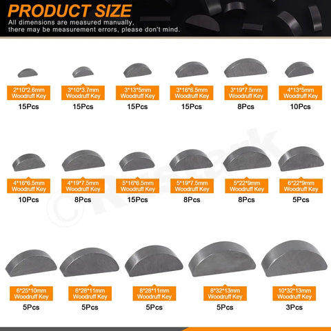 Woodruff Key Stock Assortment Kit 155 Piece Half Moon Semicircle Flywheel Key Set With 17 Sizes Metric Hardware chart