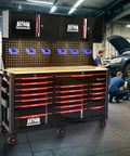 Massive 19 Drawer Rolling Tool Chest With Heavy Duty Wood Top Workbench On Wheels For Garage Shop Lab Includes Four Doors And Six Storage Bins Ultra Durable Mechanic Toolbox Cart For Easy Organization. black rolling tool chest with wood top in garage