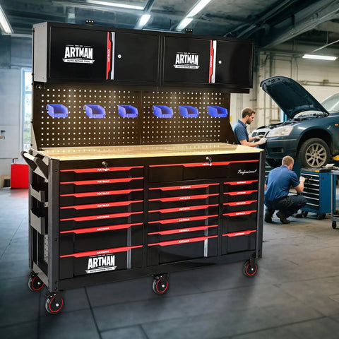 Massive 19 Drawer Rolling Tool Chest With Heavy Duty Wood Top Workbench On Wheels For Garage Shop Lab Includes Four Doors And Six Storage Bins Ultra Durable Mechanic Toolbox Cart For Easy Organization. black rolling tool chest with wood top in garage