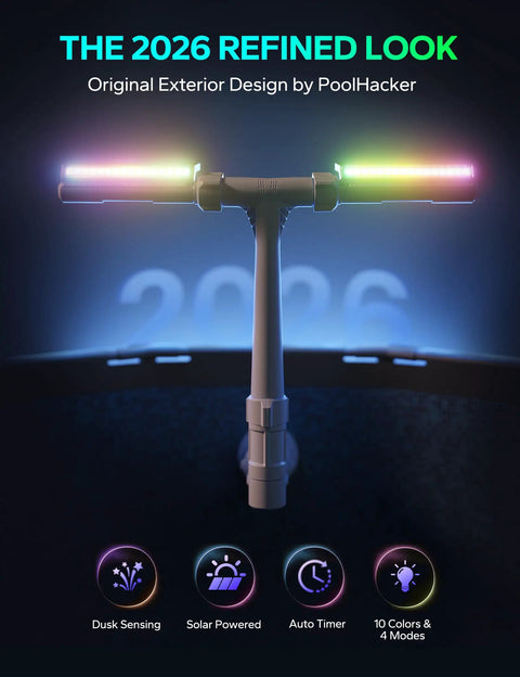Solar Pool Fountain With 10 Color LED Lights, Auto Dusk Sensor and Timer, remote control, dual head spray in sleek design