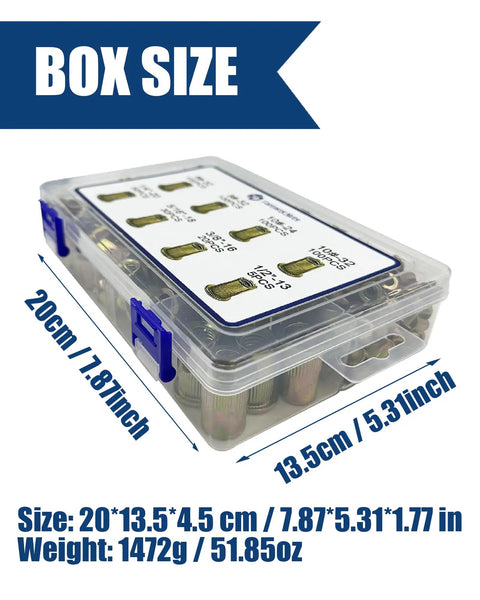 Rivet Nut Assortment Kit Pro Grade Galvanized Carbon Steel 505Pcs plastic case with box size dimensions