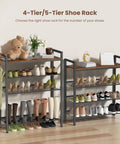 Five Tier Metal Shoe Rack With Wooden Top And Adjustable Mesh Shelves For Entryway Or Closet holding various shoes, plants, and decor.