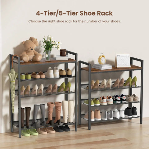 Five Tier Metal Shoe Rack With Wooden Top And Adjustable Mesh Shelves For Entryway Or Closet holding various shoes, plants, and decor.