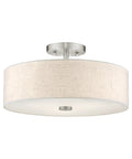 Meridian 3 Light Ceiling Mount Fixture In Brushed Nickel With Oatmeal Fabric Drum Shade Semi Flush Mount Lighting