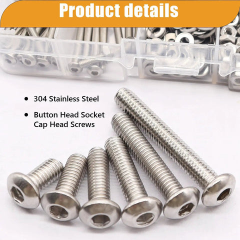 M3 M4 Screw Set With Nuts Washers And Wrenches 304 Stainless Steel Button Head Hex Socket Cap Screws M3 And M4 Sizes 4mm To 25mm 405 Piece DIY Ready Kit For Projects Robotics And Machinery displayed in a case
