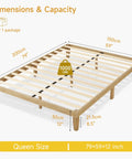 Queen Size Wooden Platform Bed Frame Solid Build And Dead Silent Heavy Duty Slats Zero Hassle Setup No Box Spring Needed Fresh Japandi Finish showing dimensions and capacity.