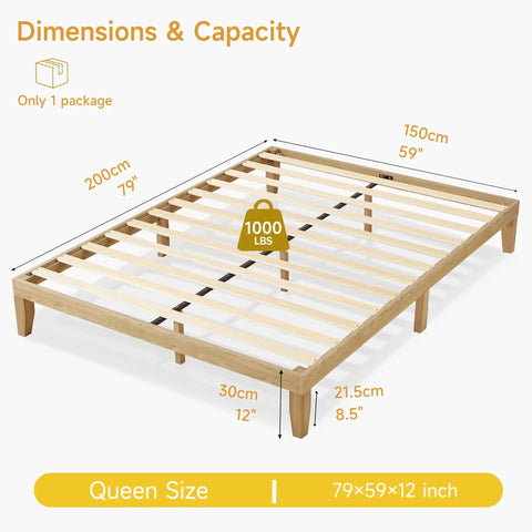 Queen Size Wooden Platform Bed Frame Solid Build And Dead Silent Heavy Duty Slats Zero Hassle Setup No Box Spring Needed Fresh Japandi Finish showing dimensions and capacity.