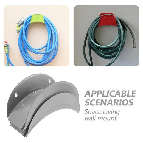 Heavy Duty Wall Mount Hose Hanger 2 Pack Sturdy Iron Metal Rack Garden Storage shown with hoses mounted on wall.