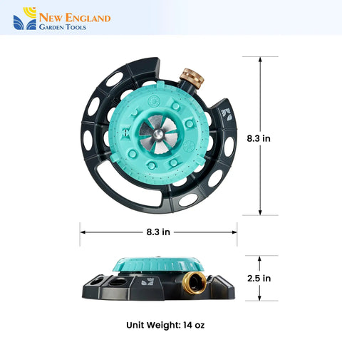 Adjustable Nine Pattern Spot Sprinkler With Heavy Duty Metal Base And Turret Design shown in front and side view with dimensions