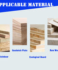 Front view of wood board samples: particleboard, sandwich plate, ecological board, and raw wood.