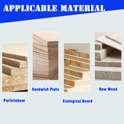 Front view of wood board samples: particleboard, sandwich plate, ecological board, and raw wood.