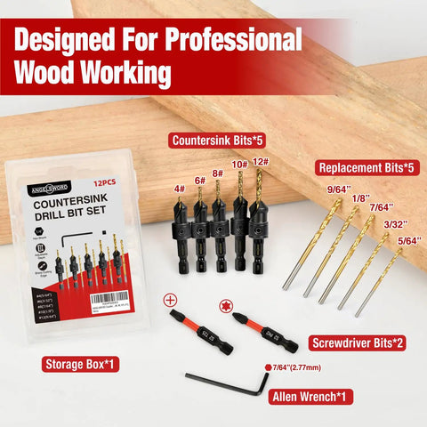 Heavy Duty 13 Piece Adjustable Countersink Drill Bit Set with countersink and replacement bits in storage box for woodworking.