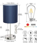 Blue Touch Control Desk Lamp With 3 Way Dimmable Brightness USB Ports And AC Outlet Bedside Nightstand Lamp For Your Cozy Living Room Bedroom Office Reading And Work Lighting 60W LED Bulb Included with dimensions and specifications diagram