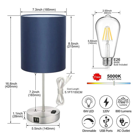 Blue lamp with dimensions, USB ports, outlet, 60W LED bulb for Touch Control Bedside Lamp With Two Fast USB Ports And Outlet, 3 Way Dimmable Pink Table Lamp For Bedroom Living Room Nightstand Or Kids Room 60W LED Bulb Included Lit For Reading In Bed