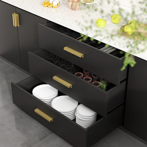 Modern kitchen drawers with 10 Pack Self Adhesive Cabinet Pulls 5 Inch Gold Finger Handles installed.