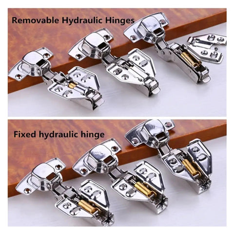 Top Shelf Stainless Steel Cabinet Hinges With Silky Smooth Soft Close Buffer 10 Pack Half Overlay displayed in fixed and removable styles.