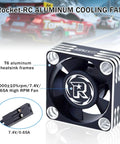 Front view of 30mm RC Cooling Fan for ESC and Brushless Motors up to 28000 RPM, black silver finish, displayed with specs.