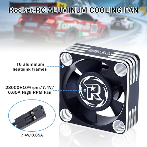 Front view of 30mm RC Cooling Fan for ESC and Brushless Motors up to 28000 RPM, black silver finish, displayed with specs.