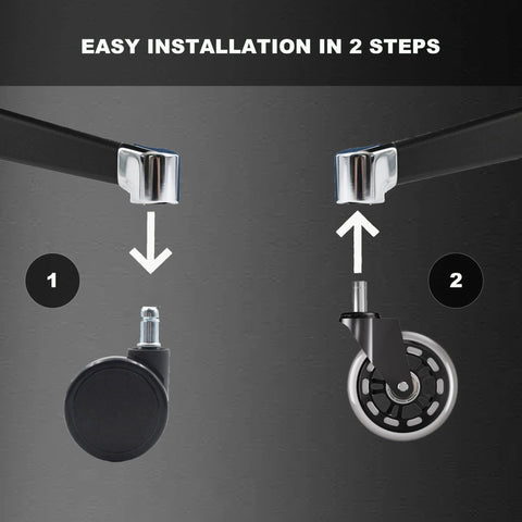 Easy installation in 2 steps for Heavy Duty Rubber Chair Wheels Replacement Set Of 5 For Hardwood Floors And Carpet