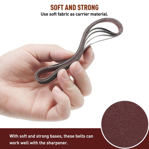 Hand holding sanding belt from 45 Pcs 1/2 Inch By 12 Inch Replacement Sharpening Belt Kit For Official Knife And Tool Sharpener