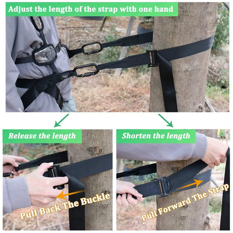 Tree Climbing Linemans Belt For Hunting With One Hand Adjustable Length And Safety Tether Set Up Climbing Sticks Or Hanging Tree Stand Harness For Secure Quick Access And Fall Protection demonstrated on a tree