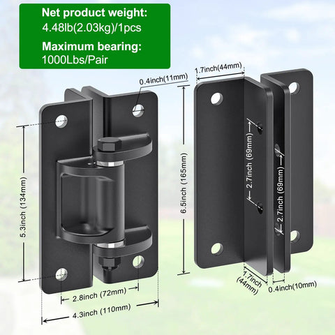 Heavy Duty Six Point Five Inch Bolt On Gate Hinges With Bearings, 1000 Lb Capacity Anti Sag L Shaped Gate Hardware, Built Tough Powder Coated Black Carbon Steel Garden Fence Barn Farm Gate, Four Pack, dimension view