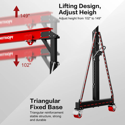 Heavy Duty 3 Ton Gantry Crane 6600 Lbs Heavy Liftin Power With Manual Trolley Hook And Shackles Portable Workshop Hoist adjustable height 102 to 149 inches.