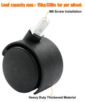 Close-up view of Four 1.5 Inch Swivel Caster Wheels With 8 Mm M8 Threaded Stem Heavy Duty Nylon Casters For Furniture Tables Cabinets And Shelves Replacement Black 40 Mm Wheel Diameter And 65 Mm Total Height, showing M8 screw installation and heavy-duty material.