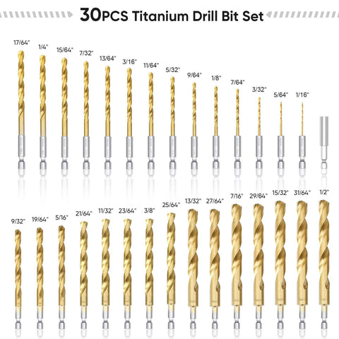 Image of 30-piece Dope Titanium Coated Drill Bit Set With Hex Shank And 135 Degree HSS Tips, sizes one sixteenth to one half inch.
