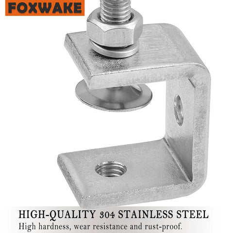 FOXWAKE stainless steel mini C-clamp for mounting; close-up view with protective pad and base
