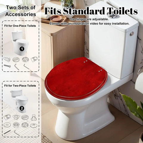 Round Bright maroon deep red colored cracked effect wall Toilet Seat installed on standard toilet with adjustable hinges.