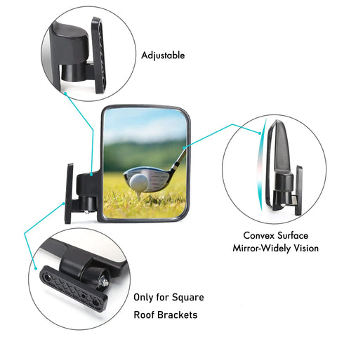 Universal Folding Golf Cart Side Mirrors With No Drill Install Roof Bracket for square tube showing adjustable, convex mirror features.