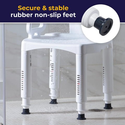 Shower Bathroom Bench With Back And Arms, Adjustable Height, Grippy Suction Cup Feet For Stability, Durable Plastic Seat, White