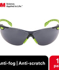 Solus 1000 Safety Glasses With Scotchgard Anti Fog Coating Gray Lenses Green Black Frame front view