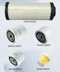 Six Filter Set For Kubota L Series Tractors L2501 L2800 L3200 L3400 L3700SU L3800 HST Includes Air Filter Oil Filter Lube Filter Fuel Filter And Hydraulic Filter Replaces HH16432430 And 6A32059930 6 Pcs with visible air, oil, and hydraulic filters.