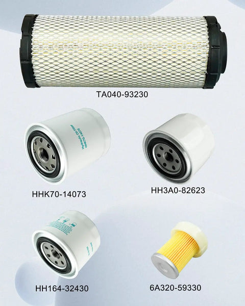 Six Filter Set For Kubota L Series Tractors L2501 L2800 L3200 L3400 L3700SU L3800 HST Includes Air Filter Oil Filter Lube Filter Fuel Filter And Hydraulic Filter Replaces HH16432430 And 6A32059930 6 Pcs with visible air, oil, and hydraulic filters.