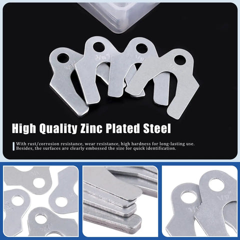 Universal Body Shim Kit 144 Pcs Set For Auto Alignment And Camber Adjustments Includes 1/16 Inch 1/64 Inch 1/32 Inch And 1/8 Inch Shims For Precise Body Part Alignment And Fit, featuring zinc-plated shims in various sizes.