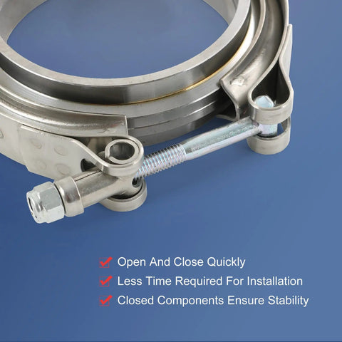 Close-up of 2.75 Inch V Band Clamp With Flange Stainless Steel Universal Turbo Exhaust Downpipe Connector showing quick install features