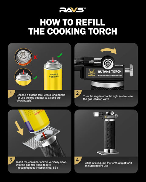 Four-step guide on how to refill a Dual Flame Butane Torch Lighter for Cooking and Soldering Refillable Kitchen Torch.