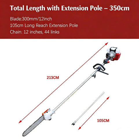 Beast Power Gas Pole Saw With 16 Foot Reach And 42 7cc 2 Stroke Engine 11 Inch Cutting Bar Extension Pole shown with dimensions