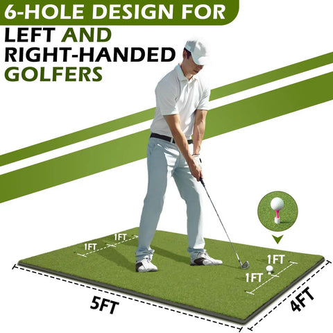 Golfer practicing on 31mm Thick Golf Mat 5ft By 4ft Ultra Durable Hitting Mat For Indoor Outdoor Practice With High Elasticity Artificial Grass Turf For Chipping Swing And Driving Training, showing 6-hole design for both hands