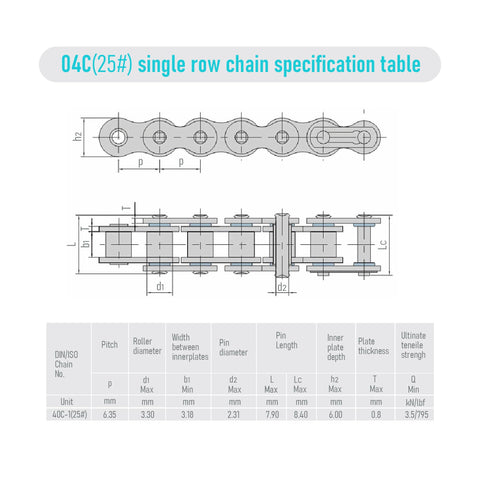 04C chain specification table with dimensions and details