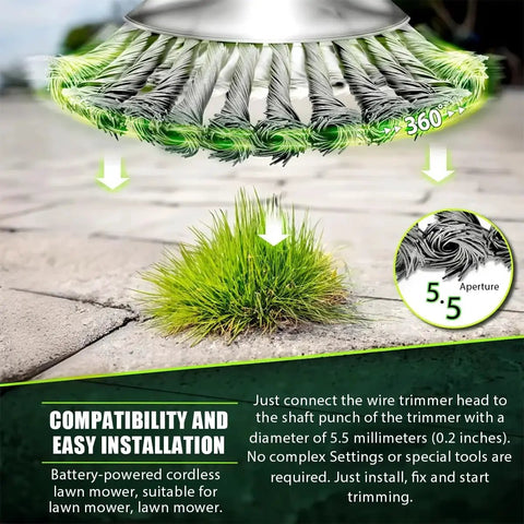 Heavy-Duty 6-Inch Steel Wire Trimmer Head Replacement For Electric Cordless String Trimmer, showcasing six high-strength blades in action on grass.