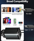 Retractable Car Charger Featuring Hella Convenient 36W Retracted Cable Plus Extra USB C And USB A Ports For Up To 75W Fast Charging Keeps Your Devices Running Smooth, showcasing compatibility with multiple devices.
